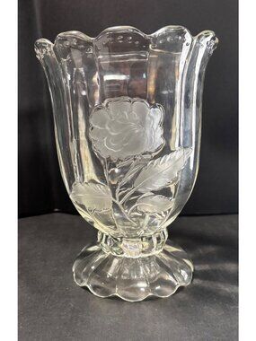 Imperlux Hand Cut Crystal Pedestal Vase With Etched Rose Elegant Vintage Décor